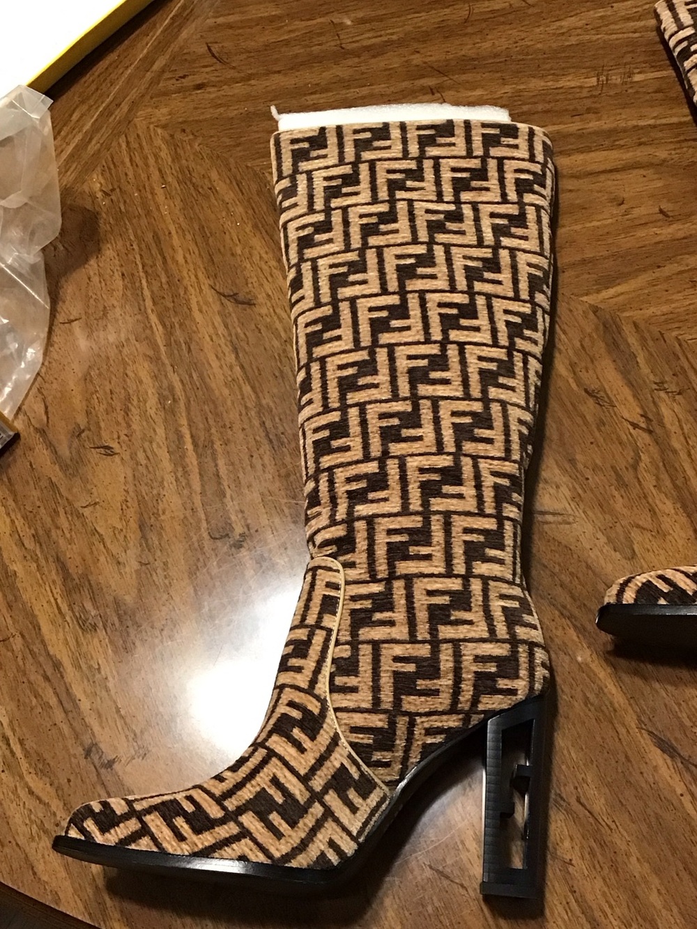 Fendi Brown & Tan FF Logo Mid-Calf Heeled Boot